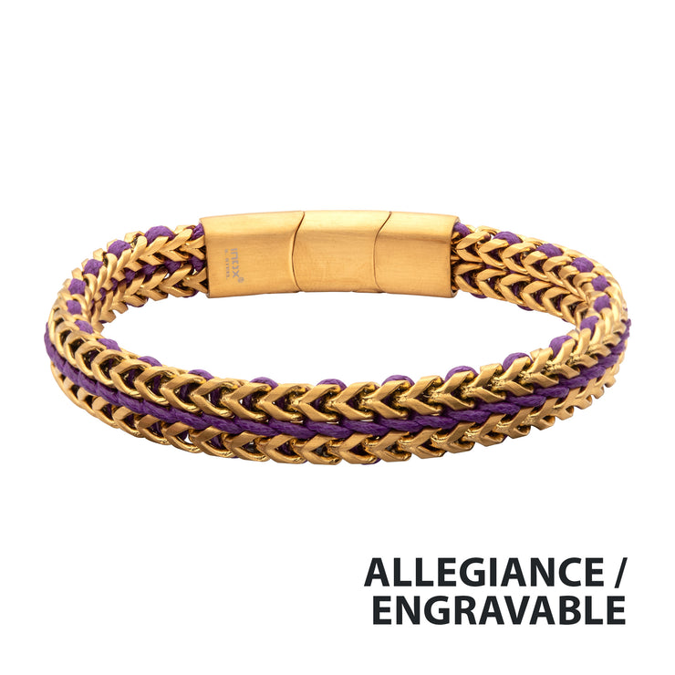 Matte Finish Gold IP Stainless Steel Foxtail Chain with Purple Wax Cord Bracelet
