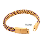 Matte Finish Gold IP Stainless Steel Foxtail Chain with Purple Wax Cord Bracelet