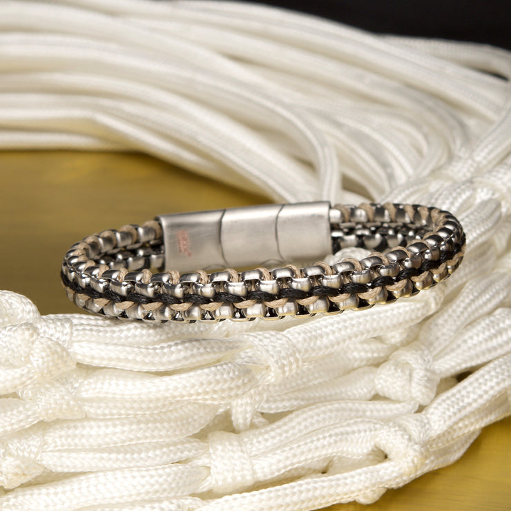 Matte Finish Stainless Steel Box Chain with Black Wax Cord Bracelet