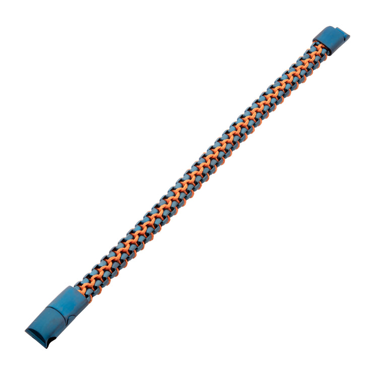 Matte Finish Blue IP Stainless Steel Box Chain with Orange Wax Cord Bracelet