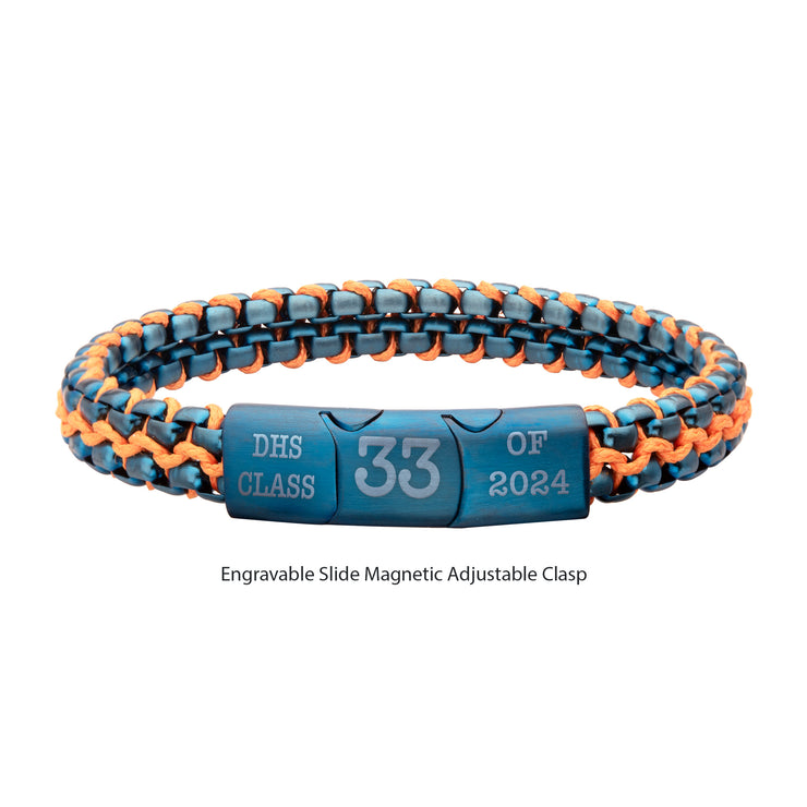 Matte Finish Blue IP Stainless Steel Box Chain with Orange Wax Cord Bracelet