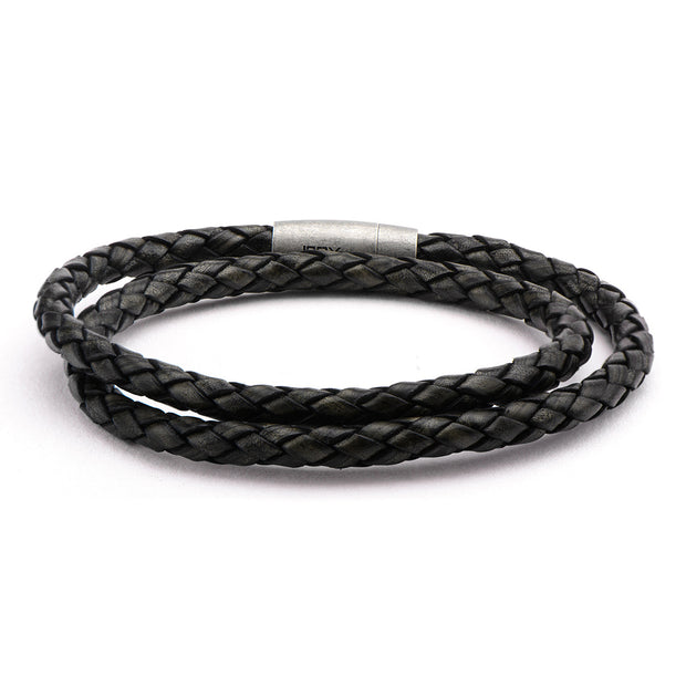 Double Round Black Braided Italian Antique Leather Bracelet