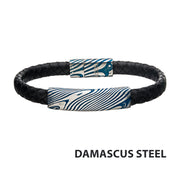 Black Leather Bracelet with Blue IP Damascus Steel Plate