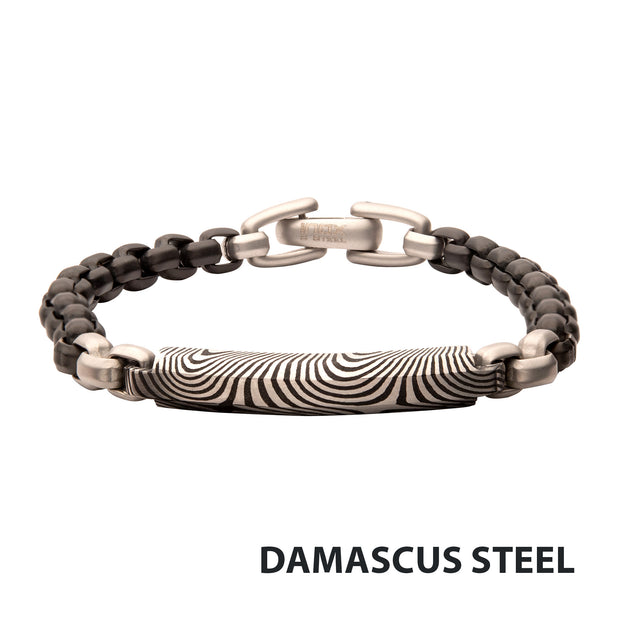 Black IP Steel Box Chain Bracelet with Damascus Steel Plate