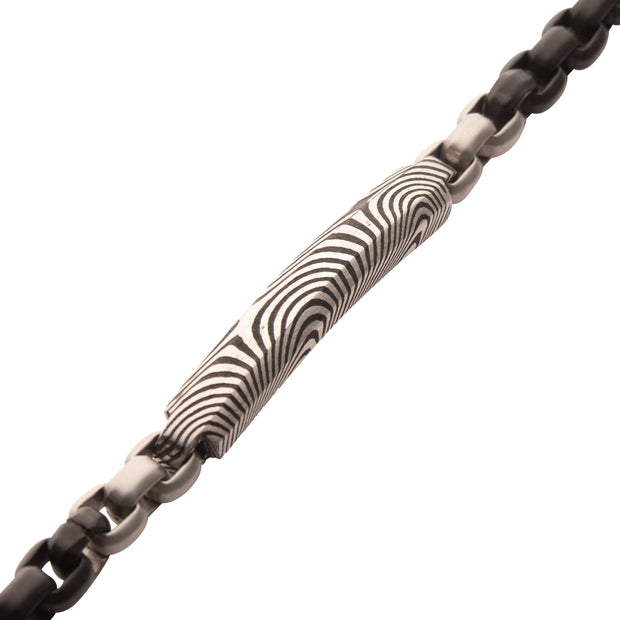 Black IP Steel Box Chain Bracelet with Damascus Steel Plate