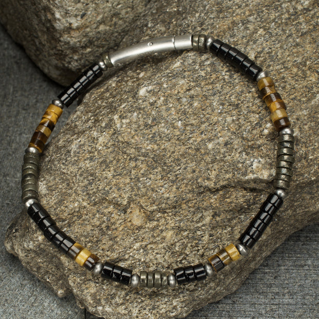 Pyro Sentinel (Onyx / Pyrite / Tiger-eye) Heishi Bead Bracelet