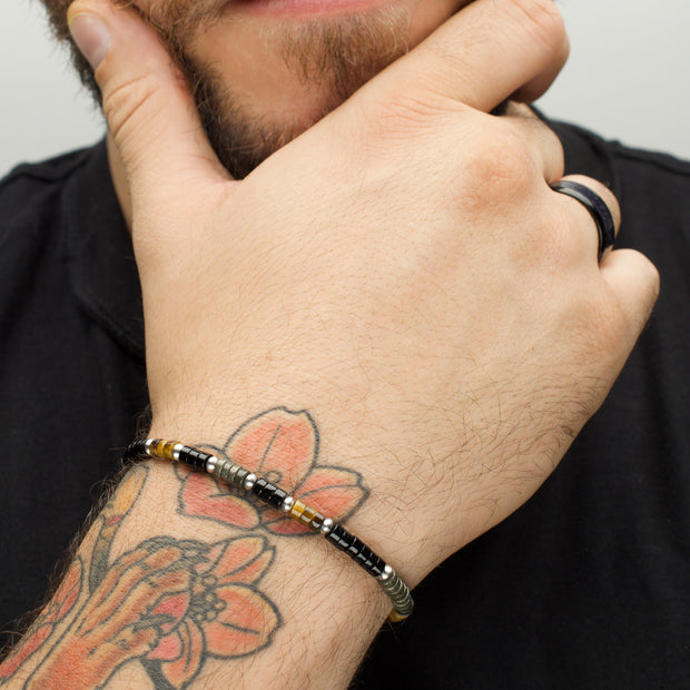 Pyro Sentinel (Onyx / Pyrite / Tiger-eye) Heishi Bead Bracelet