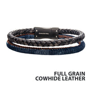 Double Strand Antiqued Full Grain Cowhide Leather and Denim with Stainless Steel Bracelet