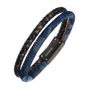 Double Strand Antiqued Full Grain Cowhide Leather and Denim with Stainless Steel Bracelet