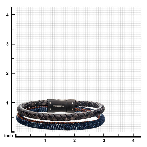 Double Strand Antiqued Full Grain Cowhide Leather and Denim with Stainless Steel Bracelet