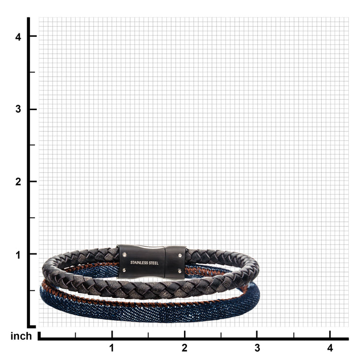 Double Strand Antiqued Full Grain Cowhide Leather and Denim with Stainless Steel Bracelet