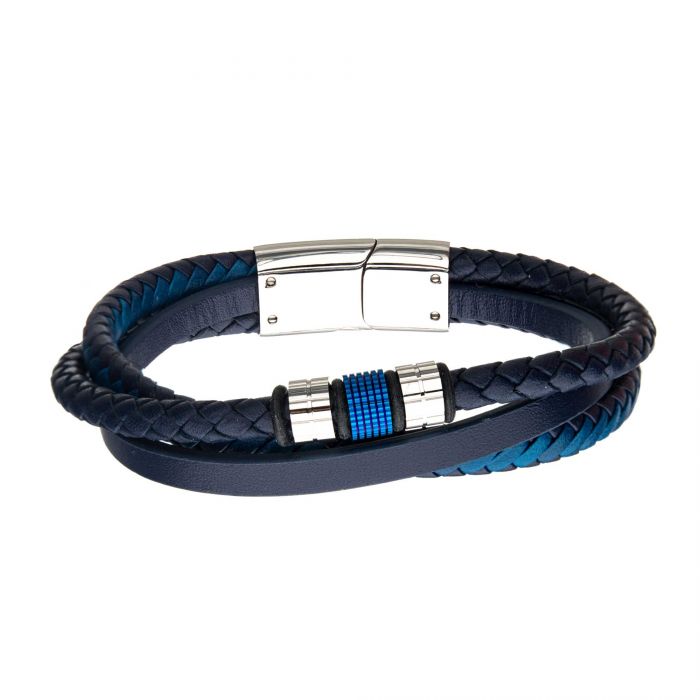 Blue IP Beads with Blue Full Grain Cowhide Leather Layered Bracelet