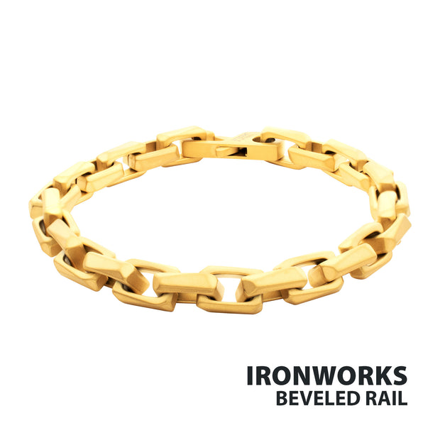7.5mm Matte Finish 18Kt Gold IP Stainless Steel Faceted Interlock Link Chain Bracelet