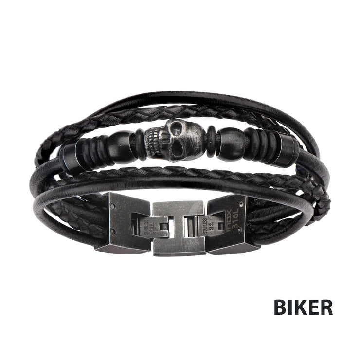 Multi Black Leather & Black Skull Beads Bracelet