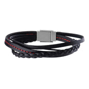 Black Leather in Red Tread and Braided Layered Bracelet