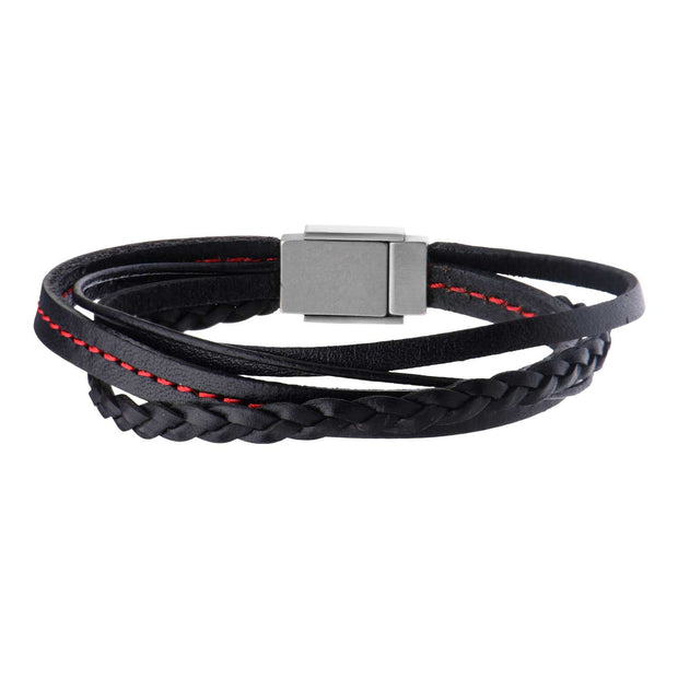 Black Leather in Red Tread and Braided Layered Bracelet