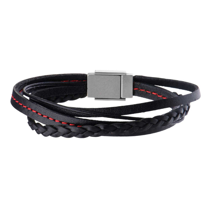 Black Leather in Red Tread and Braided Layered Bracelet
