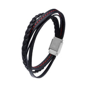Black Leather in Red Tread and Braided Layered Bracelet