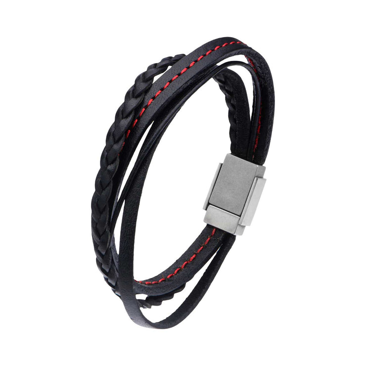 Black Leather in Red Tread and Braided Layered Bracelet