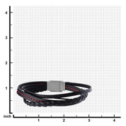 Black Leather in Red Tread and Braided Layered Bracelet
