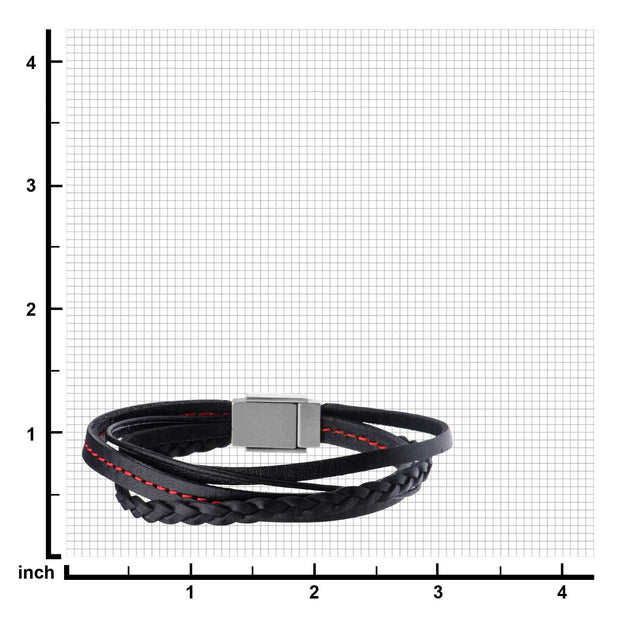 Black Leather in Red Tread and Braided Layered Bracelet