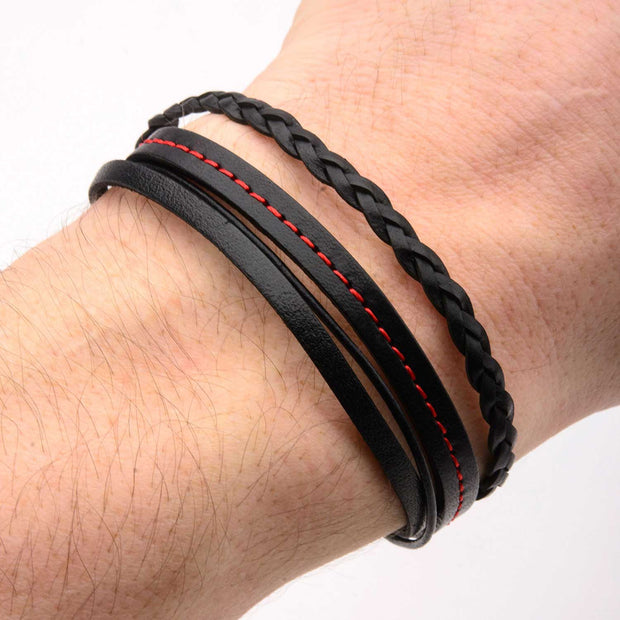 Black Leather in Red Tread and Braided Layered Bracelet
