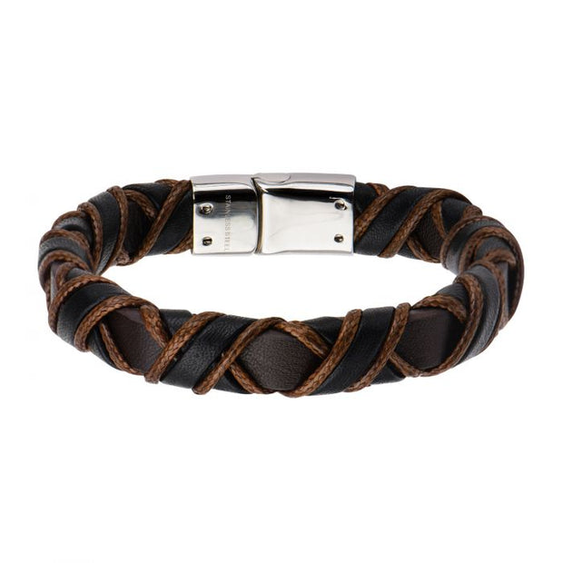 Stainless Steel Clasp with Woven Black & Light Brown Full Grain Cowhide Leather Bracelet