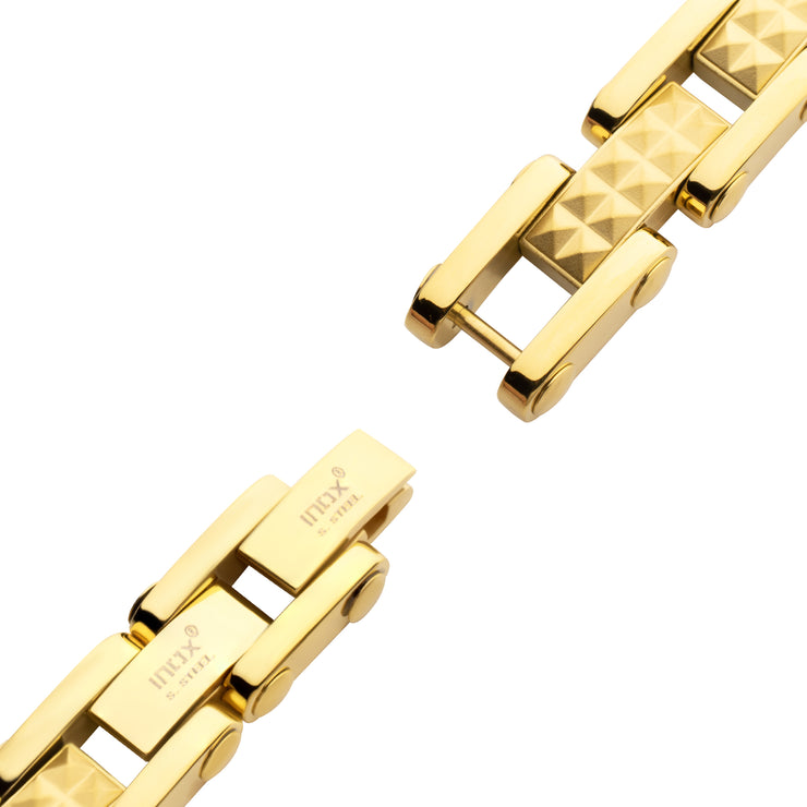 18Kt Gold IP Steel with Matte Finish Pyramid Stud Pattern & High Polished Finish Link Bracelet