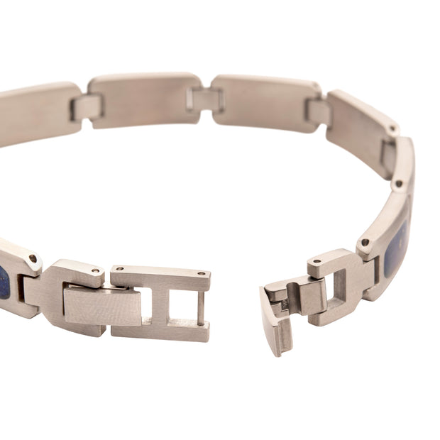 Matte Finish Stainless Steel Lapis Lazuli Stone Inlay Sizeable Link Bracelet