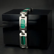 Matte Finish Stainless Steel Malachite Stone Inlay Sizeable Link Bracelet