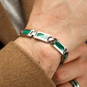 Matte Finish Stainless Steel Malachite Stone Inlay Sizeable Link Bracelet