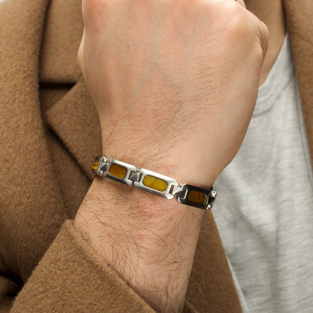 Matte Finish Stainless Steel Tiger Eye Stone Inlay Sizeable Link Bracelet
