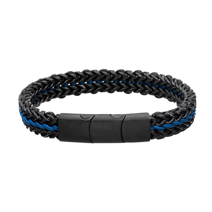 Antique Finish Black IP Stainless Steel Foxtail Chain with Blue Wax Cord Bracelet