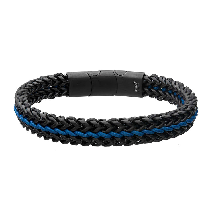 Antique Finish Black IP Stainless Steel Foxtail Chain with Blue Wax Cord Bracelet