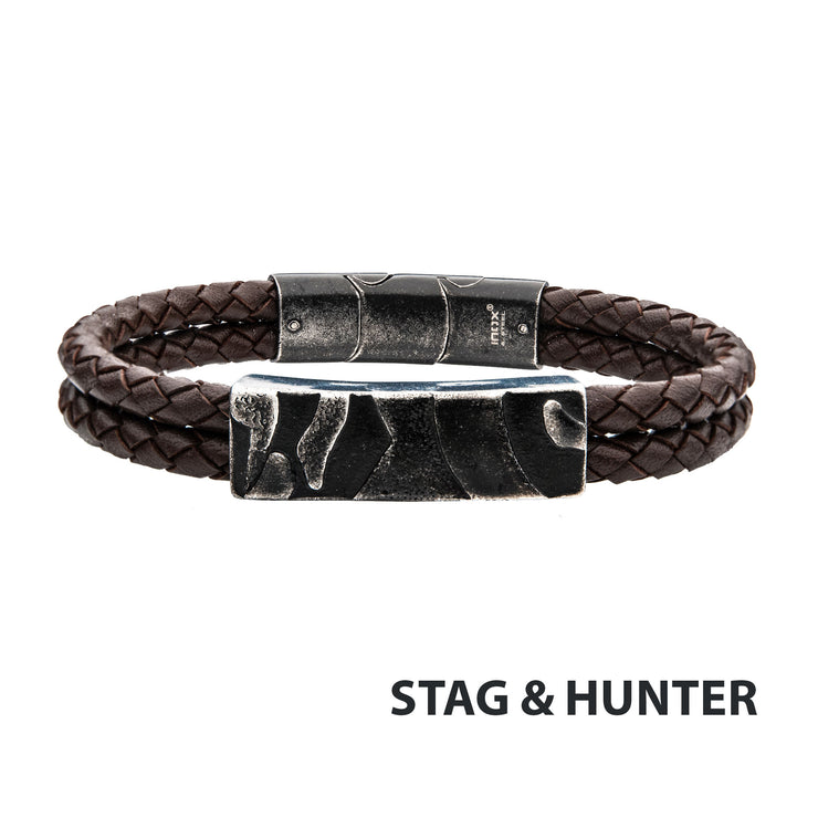 Brown Leather with Gun Metal IP 3D Canyon Pattern Bracelet
