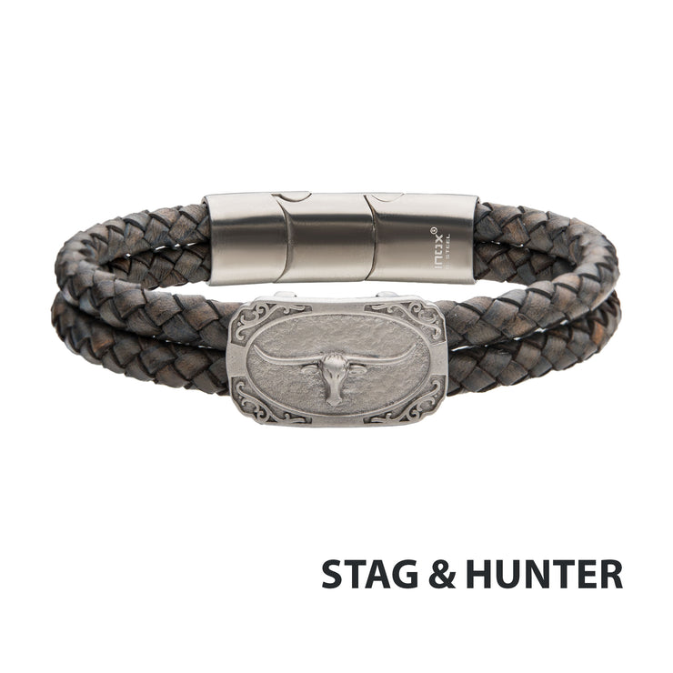 Double Strand Gray Leather with Brushed Steel Longhorn Bracelet