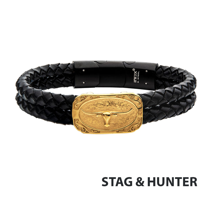 Double Strand Black Leather with Gold IP Longhorn Bracelet