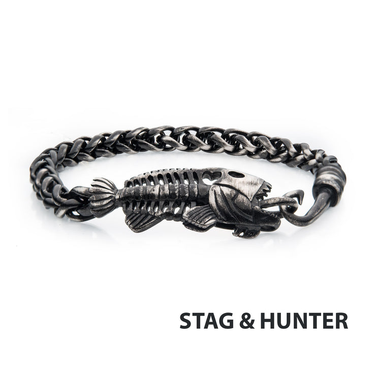Gun Metal IP Wheat Chain with Fishbone on Hook Clasp Bracelet