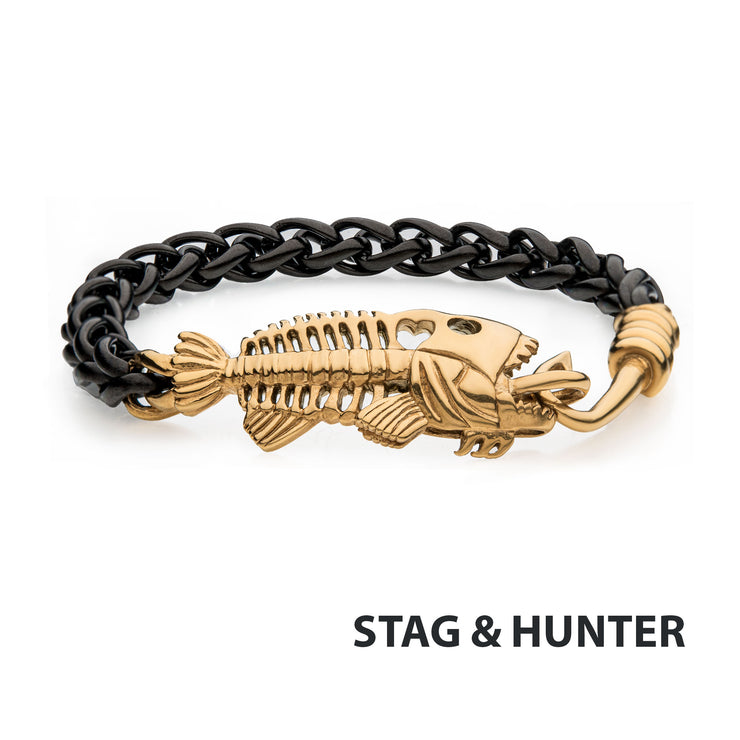 Black IP Wheat Chain with Gold IP Fishbone on Hook Clasp Bracelet