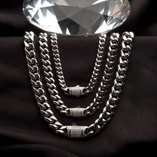 10mm Steel Miami Cuban Chain Necklace with CNC Precision Set Lab-grown Diamonds Double Tab Box Clasp