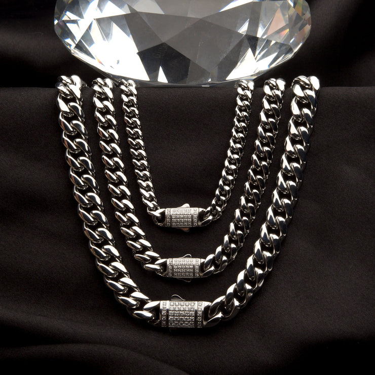10mm Steel Miami Cuban Chain Necklace with CNC Precision Set Lab-grown Diamonds Double Tab Box Clasp