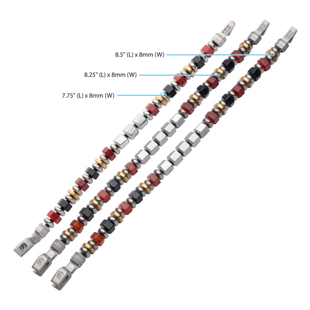 8mm Mokume Gane, Red Agate and Onyx Beads Bushido Virtue Bracelet - YU: Heroic Courage