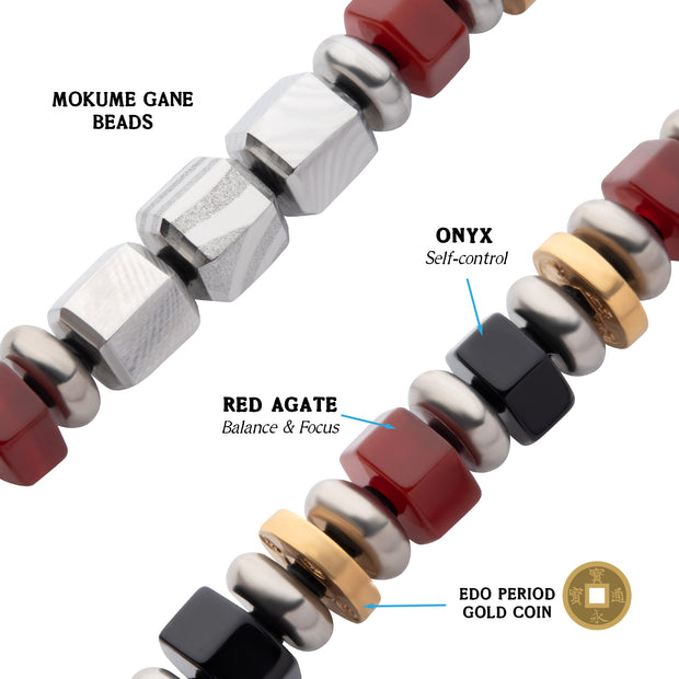 8mm Mokume Gane, Red Agate and Onyx Beads Bushido Virtue Bracelet - YU: Heroic Courage