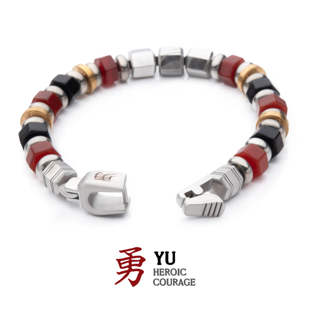 8mm Mokume Gane, Red Agate and Onyx Beads Bushido Virtue Bracelet - YU: Heroic Courage