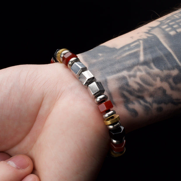 8mm Mokume Gane, Red Agate and Onyx Beads Bushido Virtue Bracelet - YU: Heroic Courage