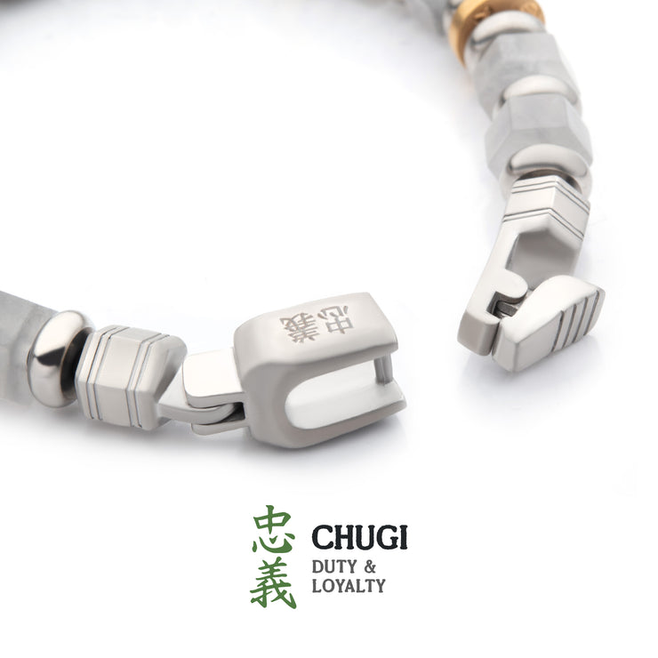 8mm Mokume Gane and White Quartz Beads Bushido Virtue Bracelet -CHUGI: Duty and Loyalty