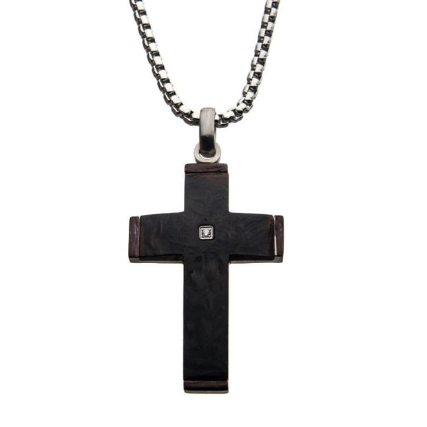 Solid Carbon Cross Pendant
 with 1.5mm Genuine Clear Diamond