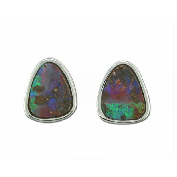 Sterling Silver Boulder Opal Small Plain Bezel Earrings