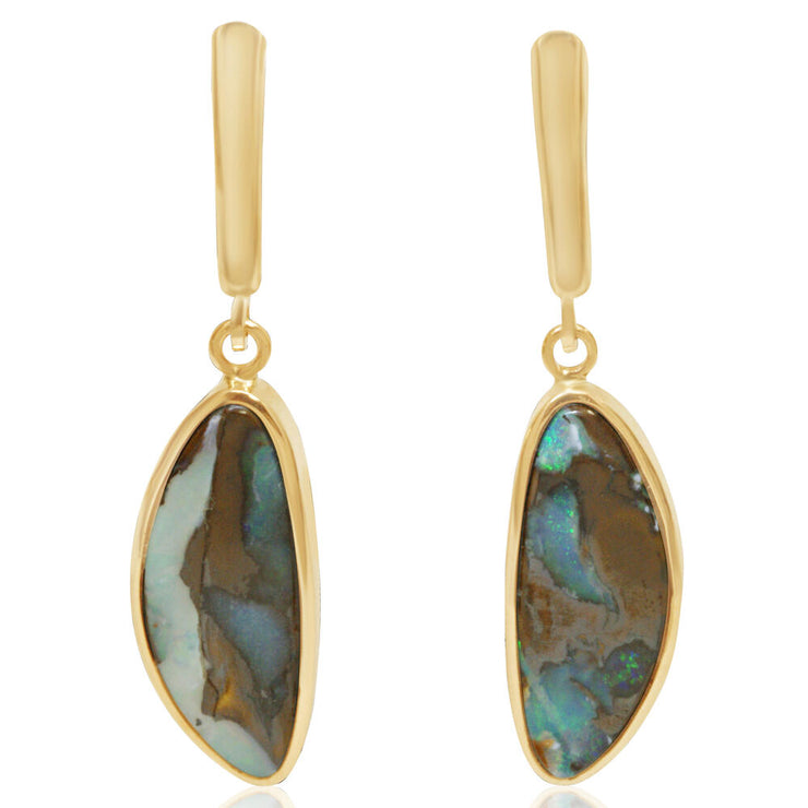 14K Yellow Gold Boulder Opal Plain Bezel Leverback Earrings