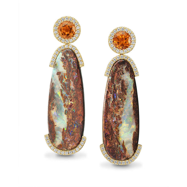 18K Yellow Gold Australian Boulder Opal/Mandarin Garnet/Diamond Earrings